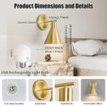 Bailoch Gold Rechargeable Batttery Operated Wall Sconces Set of 2, Wireless Battery Powered Non Hardwired Wall Lights, 300LM Dimmable Cordless Lamp Fixure with Remote for Bedroom Living Room Hallway