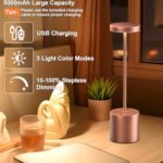Cordless Table Lamps Rechargeable Set of 2, Portable LED Desk Lamp, 5000mAh Battery Powered Wireless Table Light – 3 Color Dimmable Lighting for Restaurant Dining Patio Outdoor Bedroom(Rose Gold)