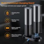 TasteTwirl Upgraded Electric Salt and Pepper Grinder Set Rechargeable, USB Charging Stand, Automatic Spice Mill Shakers Refillable, One Handed Operation, Adjustable Coarseness, LED Light