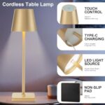 kelary 2 Pack Cordless Table Lamp Rechargeable LED Desk Lamp 5200mAh Battery Operated Stepless Dimmable Portable Table Lights for Dinner/Restaurant/Outdoor Party/Coffee Shop IP54 Waterproof Gold