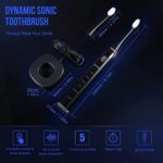 BTFO Sonic Electric Toothbrush with 5 Modes, 2pcs Replacement Brush Heads USB Rechargeable Smart Electronic Toothbrush with Holder for Adults IPX7 Waterproof Timing Fast Charging (Black, 1741-01)