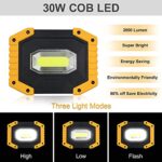 T-SUN LED Work Light COB 30W 2000LM, Rechargeable Portable Waterproof Super Bright Battery Powered Job Site Lighting Built in Power Bank for Outdoor Camping Hiking Car Repairing Emergency (2 Pack)