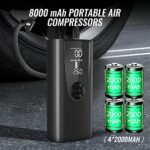 Portable Air Compressor Tire Inflator, 8000mAh Rechargeable Electric Bike Pump, 150PSI Cordless Mini Air Pump with Emergency Light and Digital Pressure Gauge, Tire Pump for Car Bike Motorcycle Ball